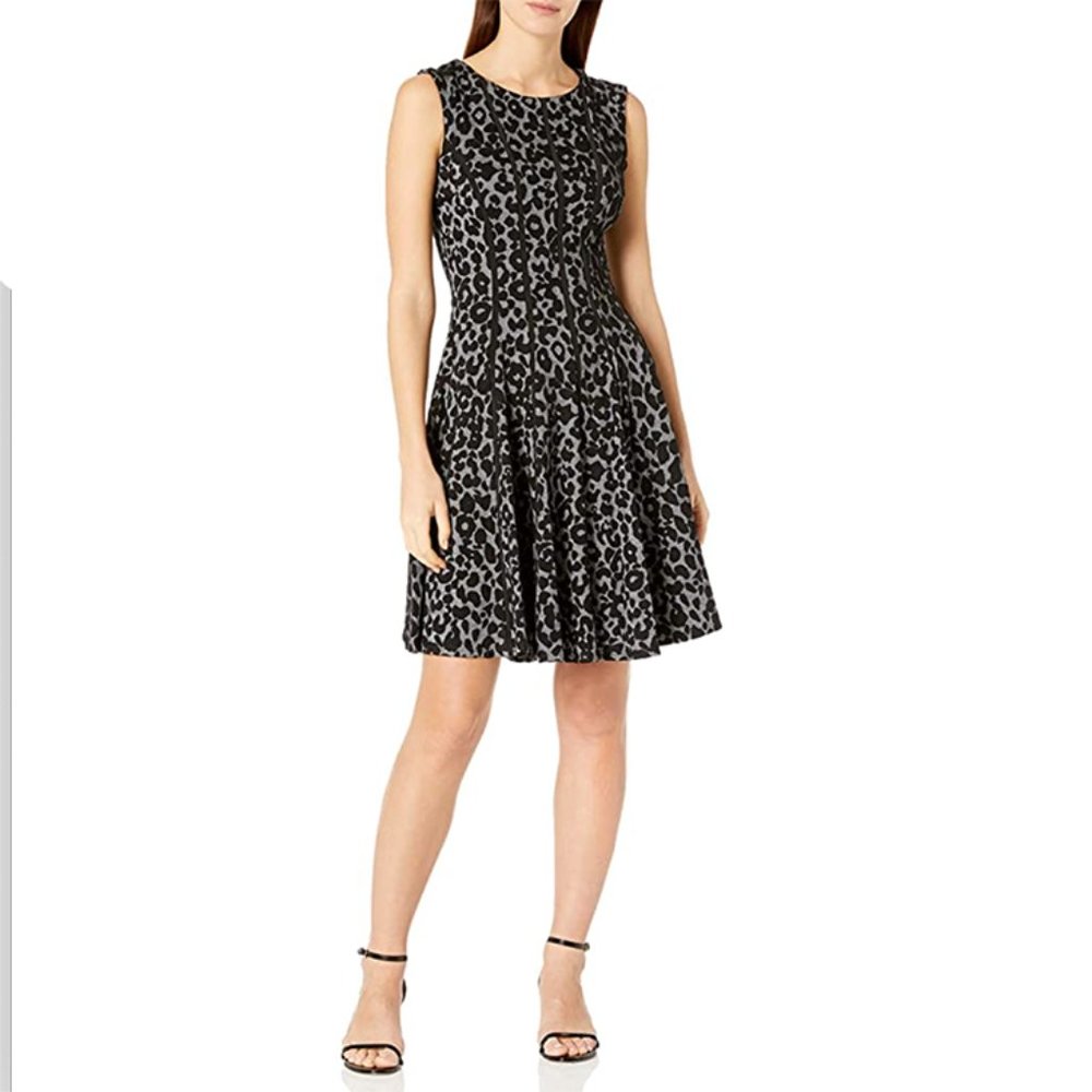 NWT Gabby Skye Black & Gray Leopard Print Jacquard Knit Fit & Flare Dress
